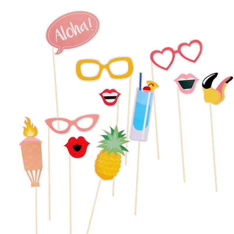 21PCS Creative Glasses Atmosphere Decoration ALOHA Beach Hawaiian Beach Grass Dress Wedding Party Flamingo Photo Props