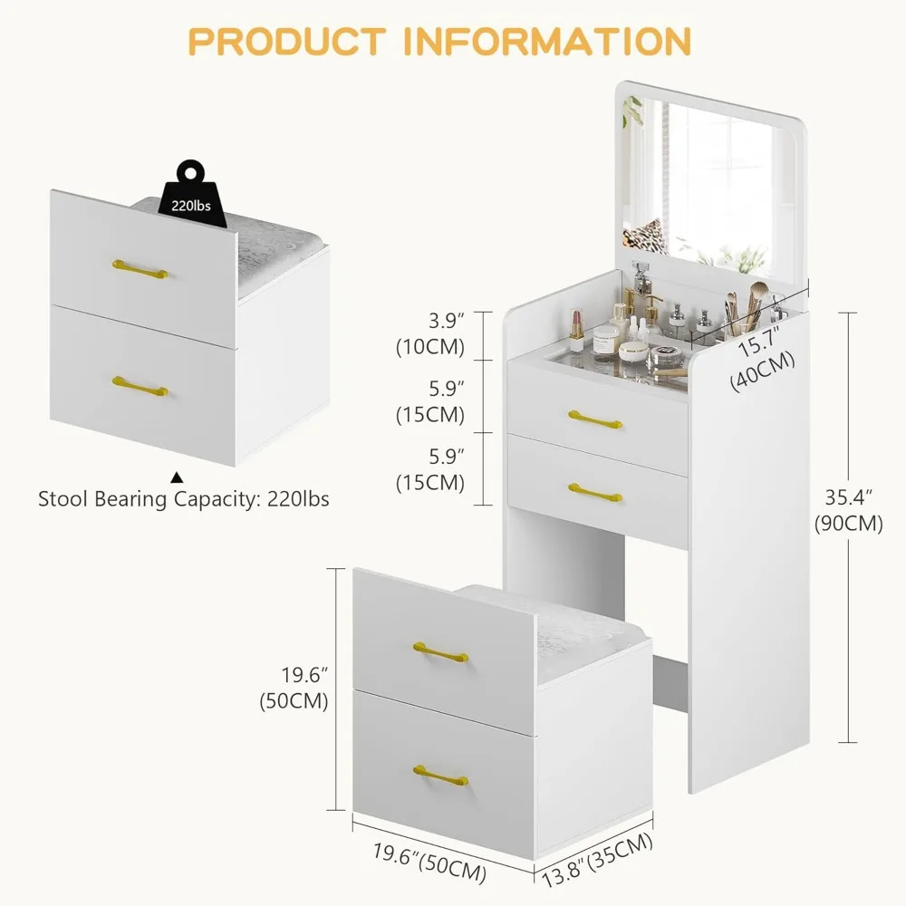 3-in-1 Vanity Desk with Flip Top Mirror, Makeup Vanity Table with Cushioned Stool for Small Space, Compact Dressing Table 6