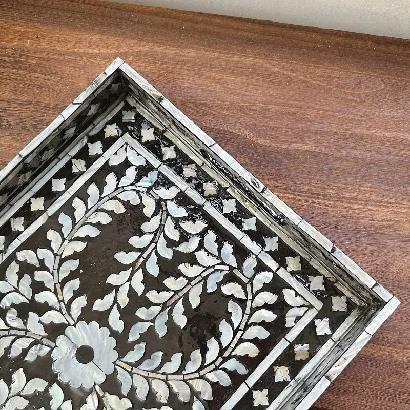 Creative Black Colorful Shell Tray Rectangular Mother-of-pearl Storage Tray Home Living Room Organizer Porch Decoration Ornament