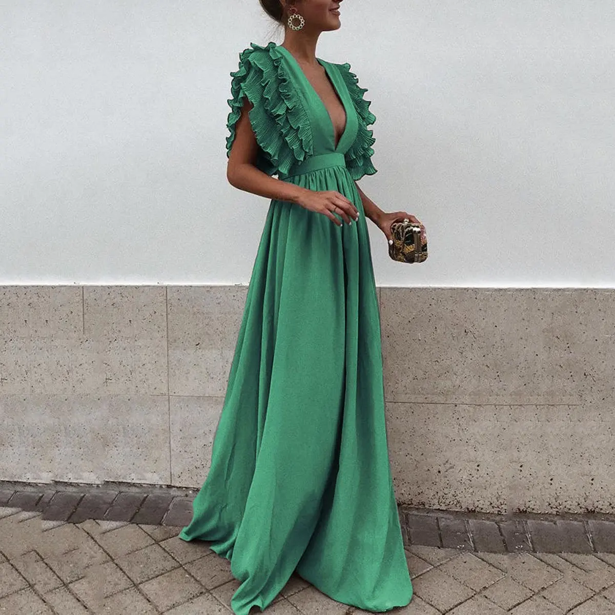 

Elegant Summer V Neck Long Dresses Ruffles High Waist Women Dresses Evening Party Female Sexy Maxi Dress Vestidos Festa 2024