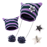 Y2K Japan Designer Handmade Pentagram Wool Beanie Hat Ladies Autumn Spring Warm Cat Ear Knit Stripe Beanie Cap with Pompom 2