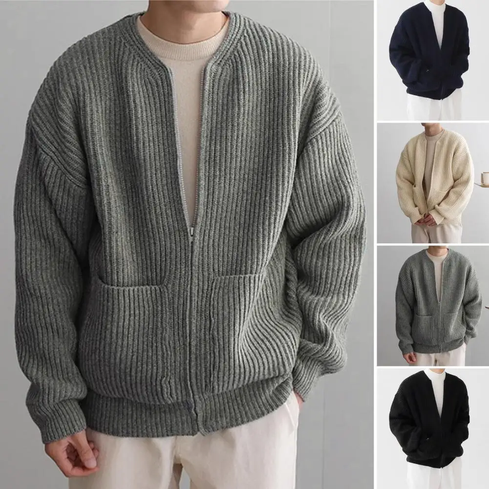 

Male Knitting Outwear Men's Collarless Knitted Cardigan Coat with Zipper Placket Pockets Autumn Winter Solid Color for Male