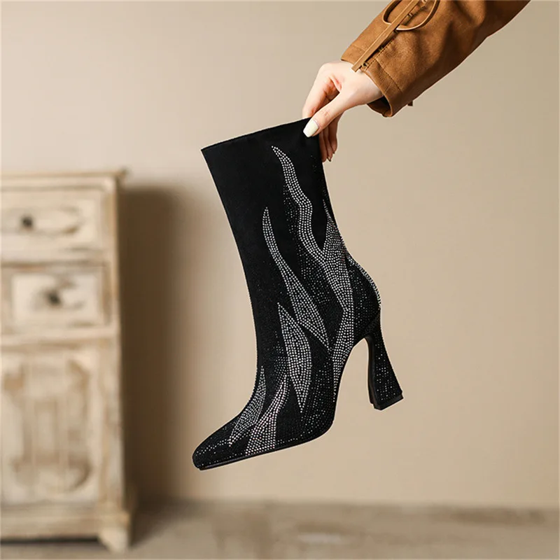 

Fashion Fire Print Woman Spring Autumn Pointed Toe Graceful High Heel Ankle Boots Female Side Zipper Black Rose Red Boots