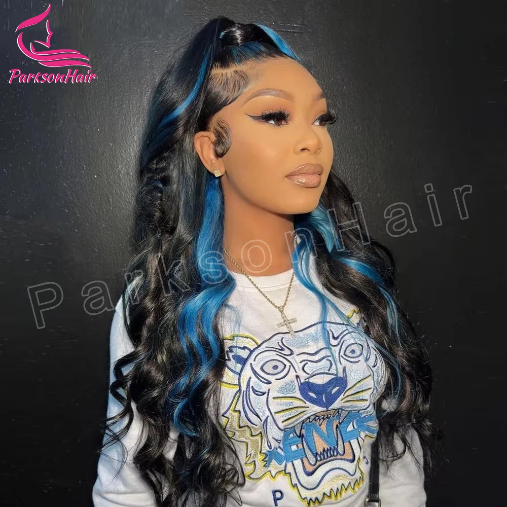 블루 블랙 하이라이트 가발, 13x4 HD 레이스 정면 인모 바디 웨이브, 컬러 인간 13x6 HD 레이스 레미 헤어 가발, 250