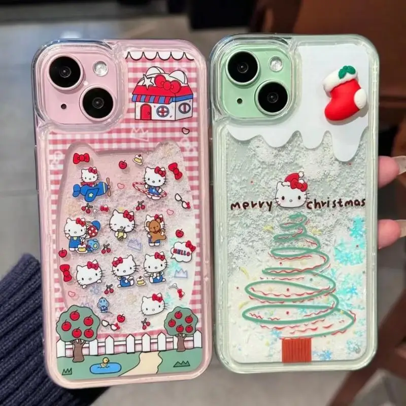

Sanrio Cartoon Cute Snowflake Quicksand Hello Kitty Suitable for 15 Promax Apple 14 New Iphone 13 Phone Case 12/11