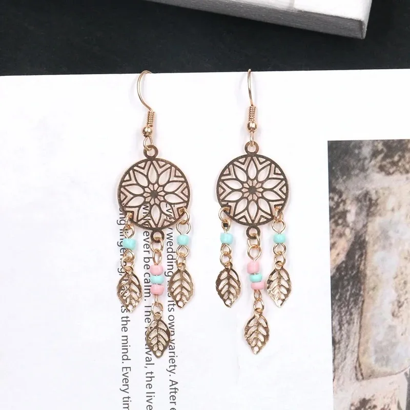 Retro Bohemian Gypsy Earrings Vintage Ethnic Golden Leaf Dangle Drop Earrings Hanging for Women Female Jewelry Accessories