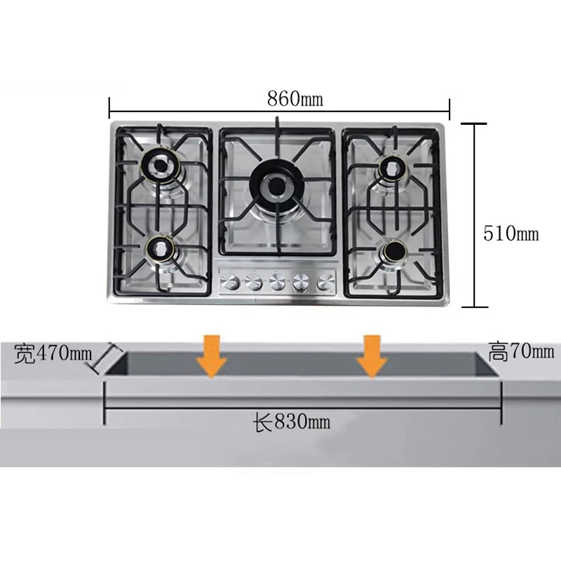 Five-hole Gas Cooktop Stainless Steel Built-in 5 Burners Gas Stovetop LPG/NG Convertible Stove Top Dual Fuel Hob