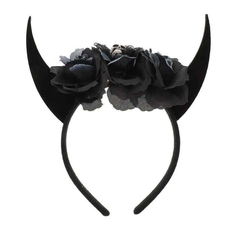 Women Halloween Demon Ox Horn Headband Evil Queen Glitter Hair Hoop Cosplay Costume Magic Witch Headpiece Accessory