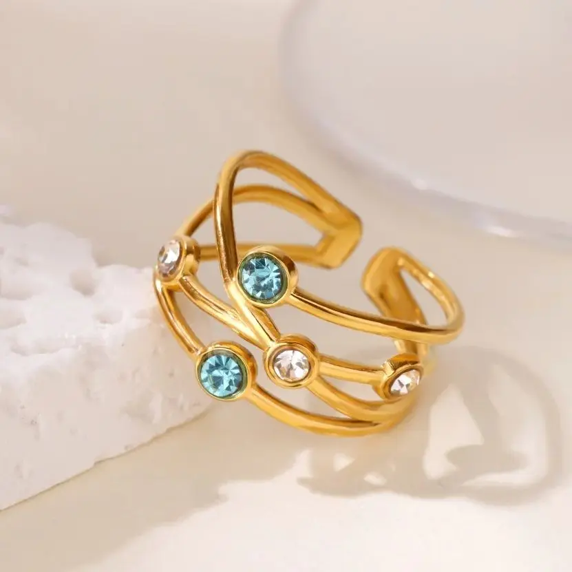 Zircon Rings Stainless Steel Gold Color Geometric Ring For Women