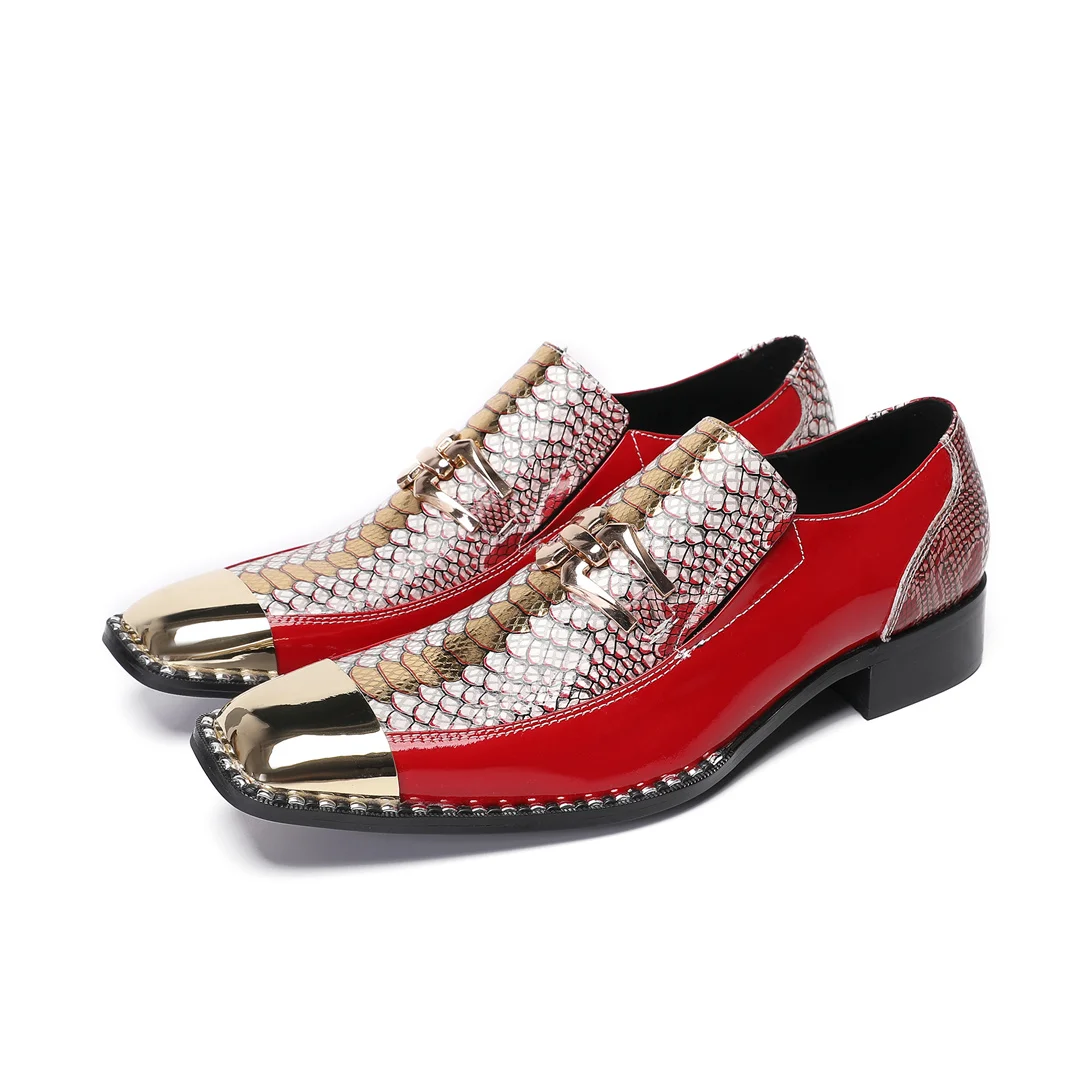 Men's Le Fu shoes snake skin men's real leather shoes printed square head metal buckle wedding business dress