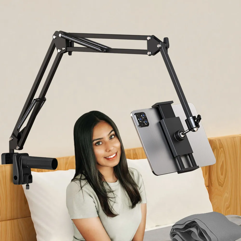 Tablet Stand for Bed Aluminum Arm Cell Phone Clamp Clip Overhead Mount Stand For iPad Mipad Galaxy Tabs Phones with 4-13 inch