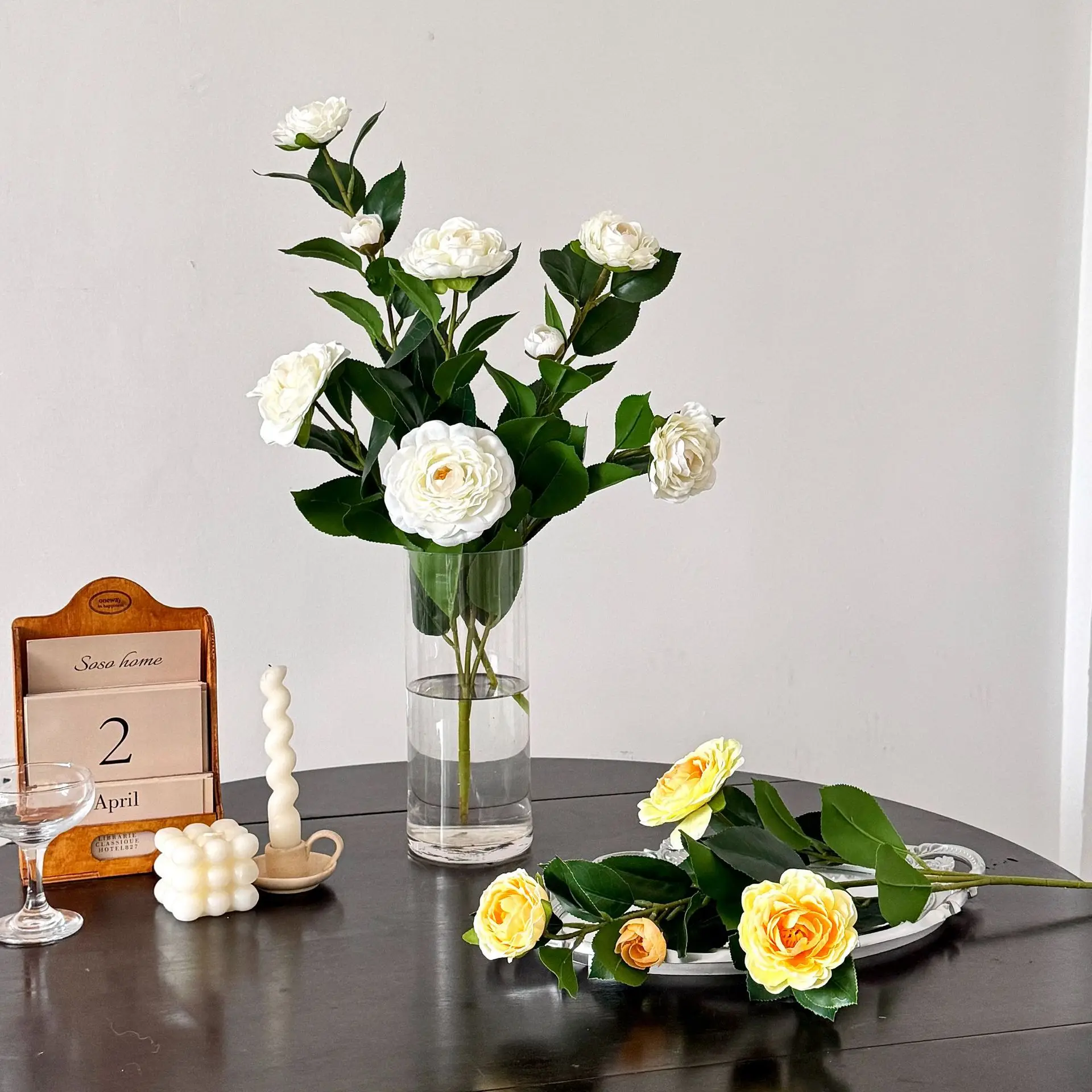 Elegant Artificial Camellia Branch Faux Flowers for Home Decoration and Photography Prop