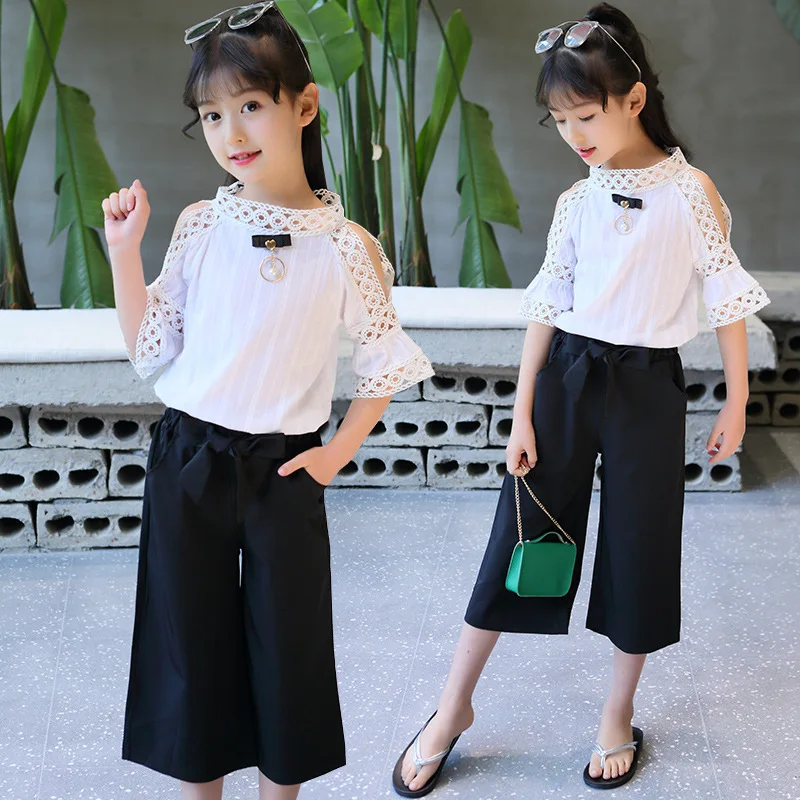 

Children's Clothing Set Summer Girl T-Lace Hollow Out O-Neck Shirt and Pants Suit Fashion Kids Tracksuit for Baby Girls Clothes