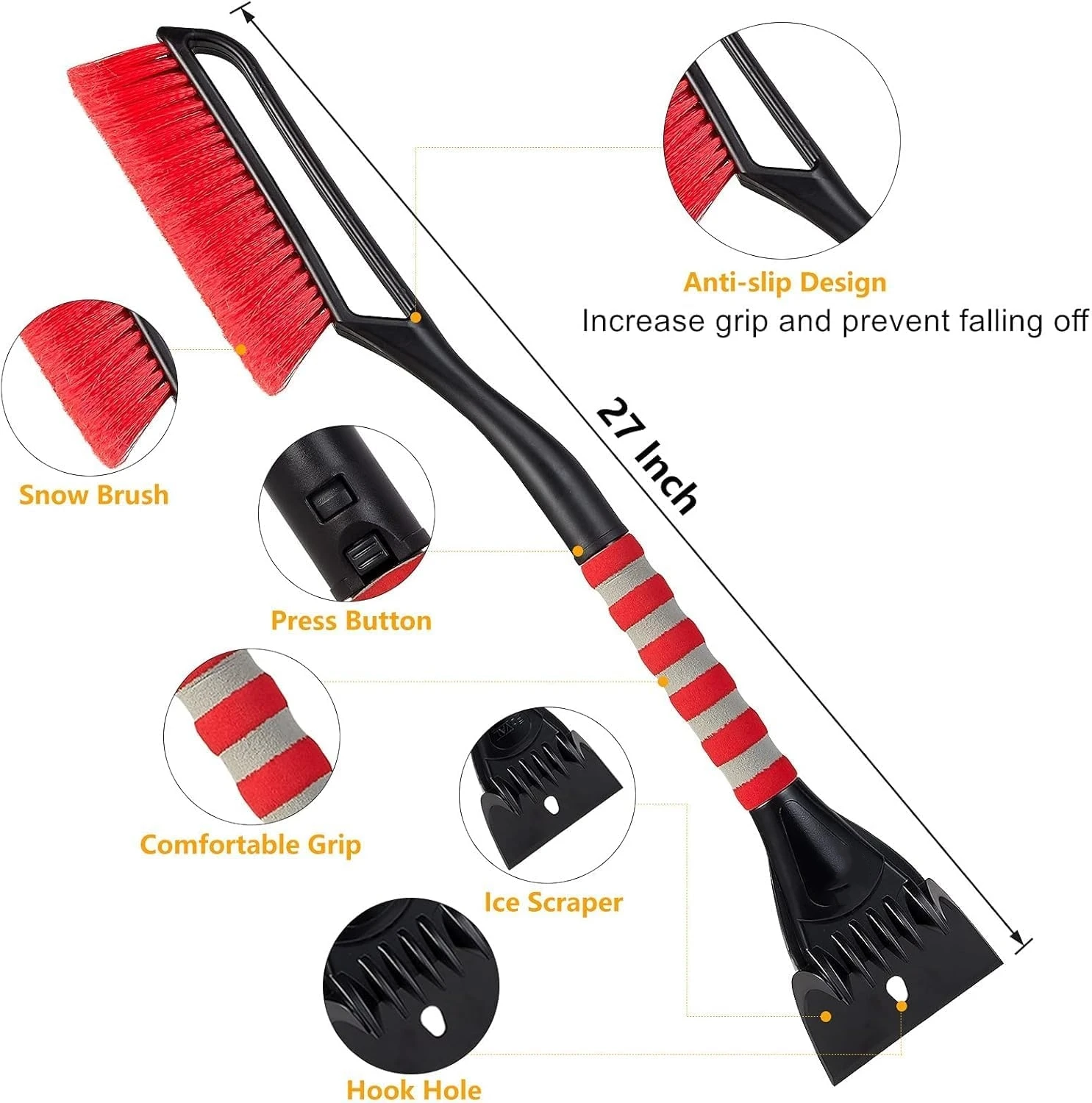 27" Snow Brush with Wider Ice Scraper Snow Removal Tool Car Brush with Ergonomic Comfortable Foam Grip for Cars