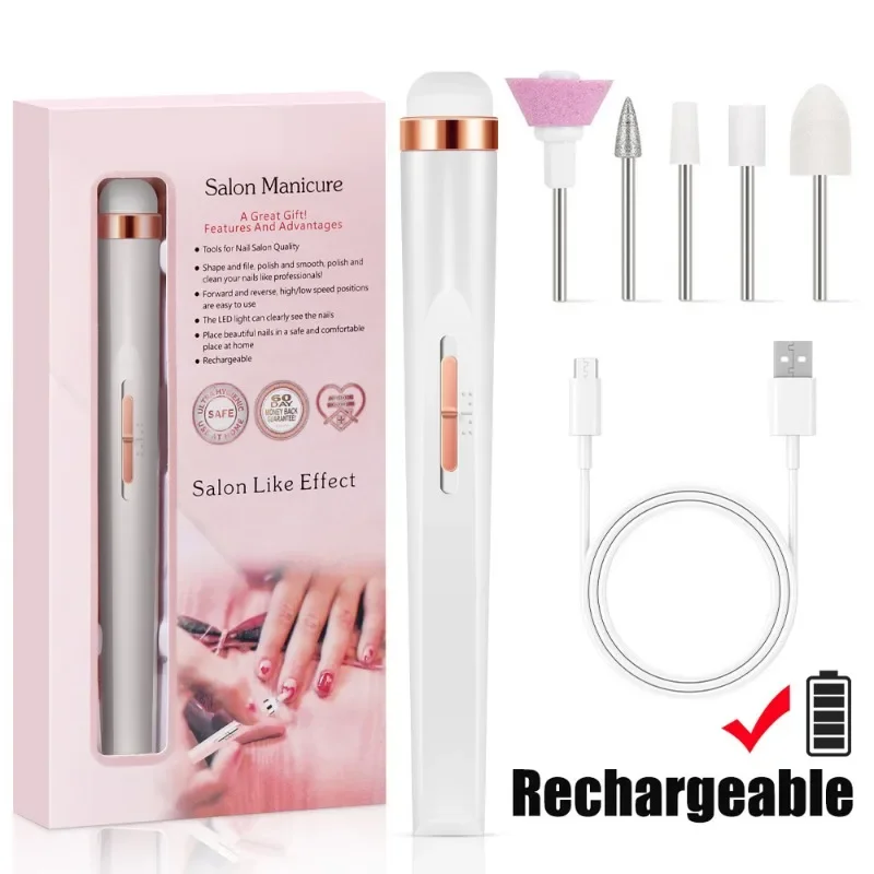 5 in 1 Electric Nail Polish Drill Machine With Light Portable Mini Electric Manicure Art Pen Tools For Gel Remover 5