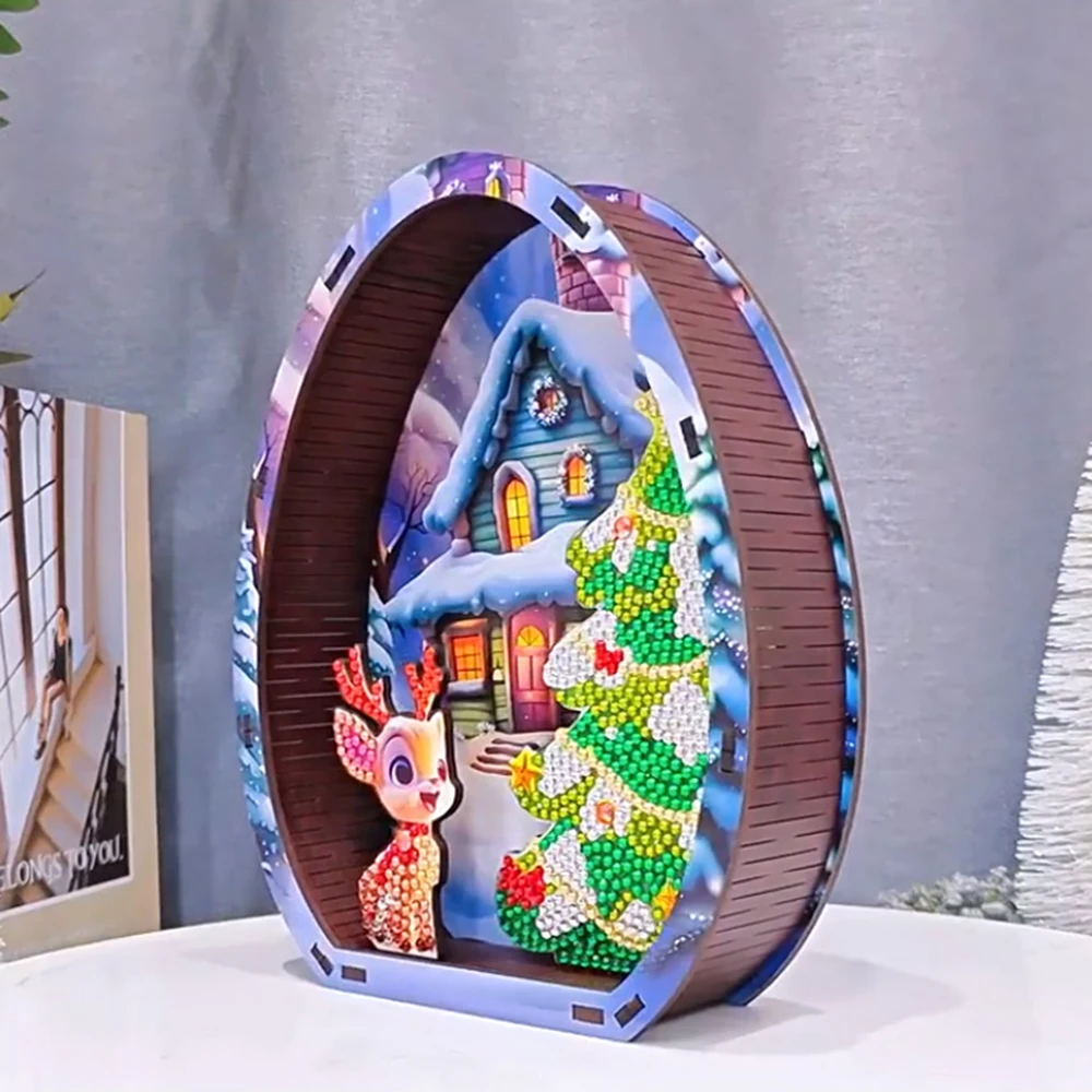 HOMFUN Wooden Christmas Desktop Diamond Art Kits 5D DIY Diamond