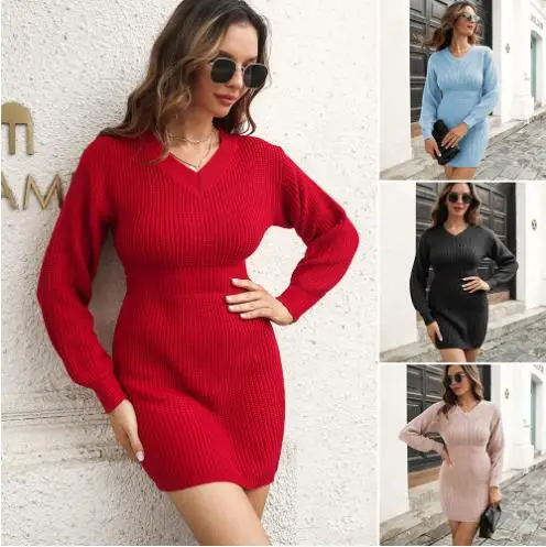 

Women's Sweater Dress 2022 Spring Autumn New Knitted Long Sleeve Mini Party Skirts Fashion Solid Color V-Neck Tunic Lady Dresses
