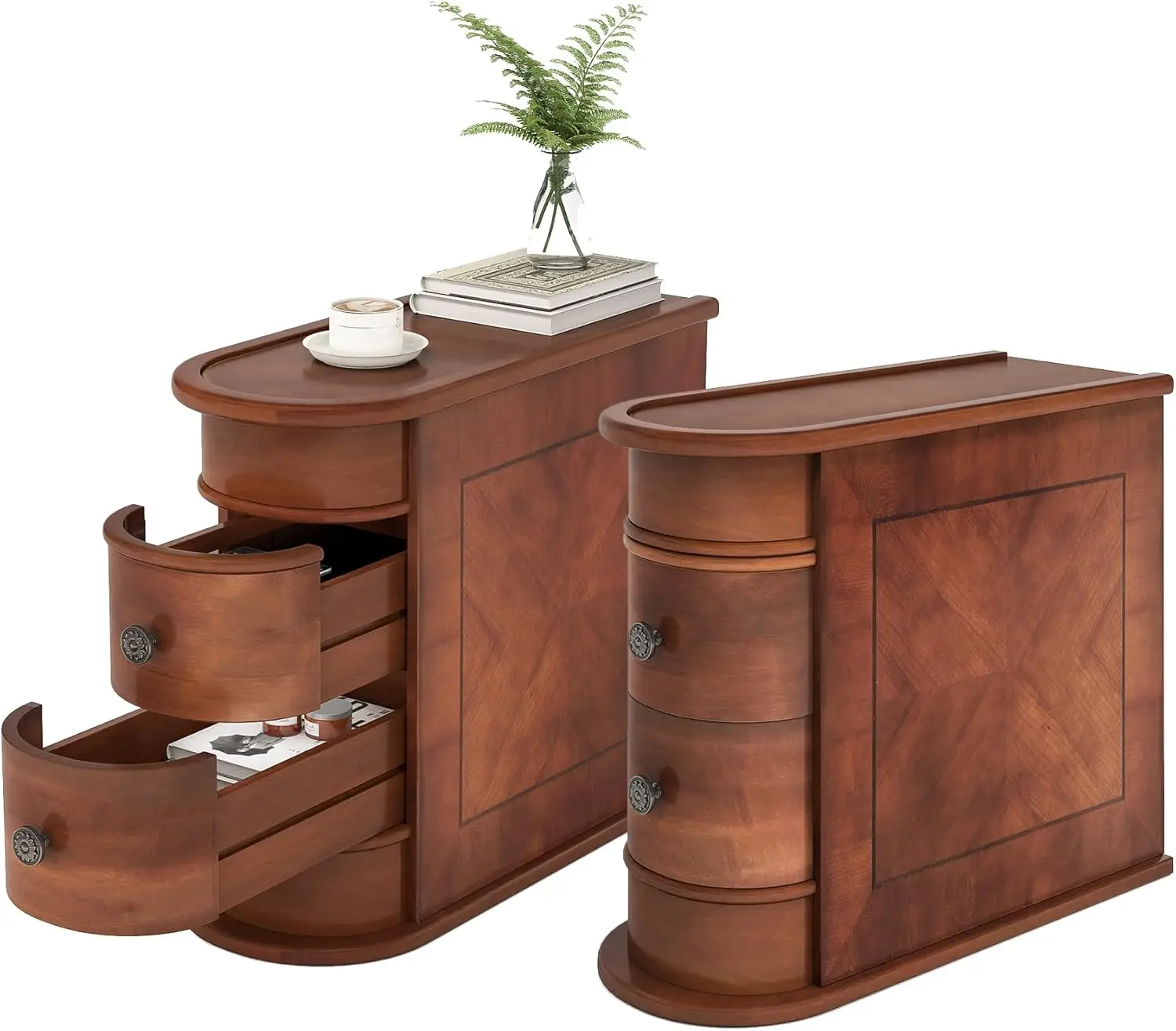 End Table Set of 2 No Assembly Required Wood End Table with 2 Drawers Sofa Side Table for Living Room Vintage Slim Nightstand