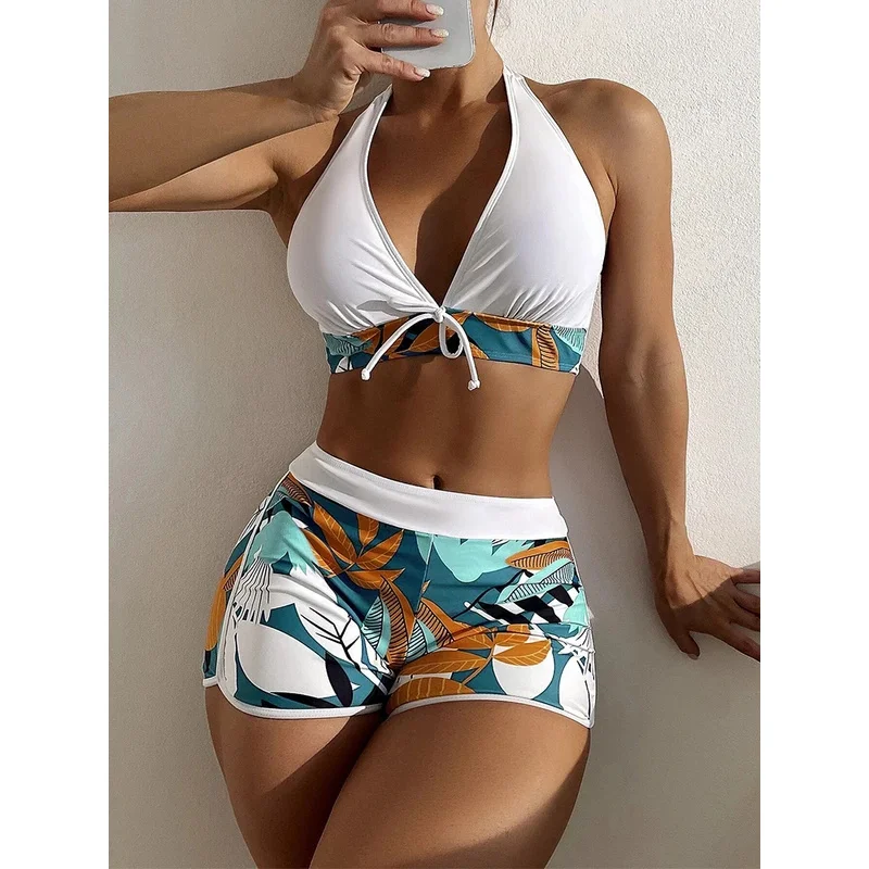 Halter Bikini Set Short Swimsuit Women High Waist Swimwear Female Printed Bathers Swimming Bathing Swim Suit Beachwear