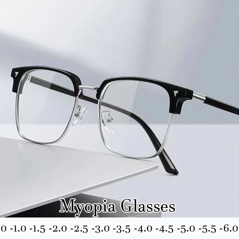 

Luxury Brand Square half Frame Myopia Glasses Anti-blue Light Women Men Near Sight Eyeglasses Unisex Goggles Diopters 0 To -4.0