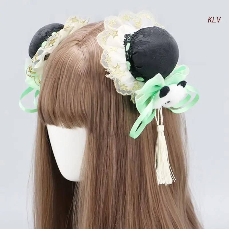 

Lolitas Headpiece Cute Hair Accessories Cosplays Hair Clip Plush Panda Bowknot Decors Sweet Hairpins 4x12 Inch