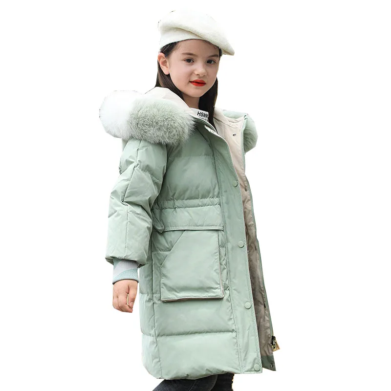 

Winter Down Jacket Girl Fashion clothes Hooded Parka real Raccoon Color fur collar Coat Kids Teenage Outerwear clothing Jacket