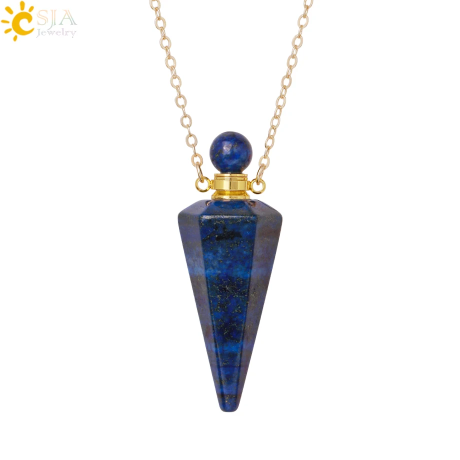 Natural Stone Cone Perfume Bottle Necklace with Healing Clear Quartz Crystal Pendant and Essential Oil Diffuser