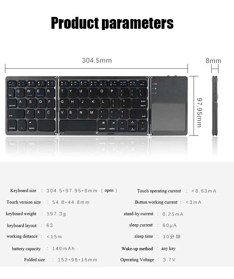 Teclado dobrável sem fio com touchpad, bluetooth,