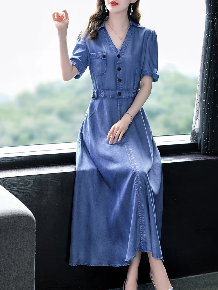 

TIYIHAILEY Free Shipping 2022 New Vintage Women Long Mid-Calf Short Sleeve Denim M-XL Dresses A-line Summer V-Neck Thin