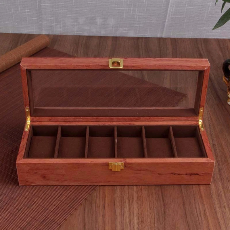 

6 Slots Wooden Watch Box Jewelry Bracelet Storage Organizer with Transparent Lid Watches Display Case