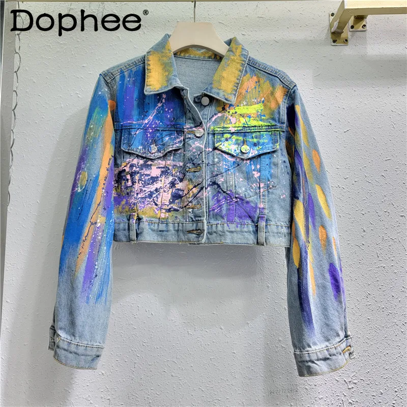 Fashion Colorful Graffiti Denim Coat Women 2024 Spring and Autumn Korean Versatile Short Type Denim Jacket Female Streetwear women white denim jeans cartoon graffiti flowers print stretched hallen jeans pencil pants autumn skinny jeans