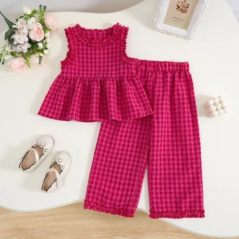 Set di abbigliamento per bambini Camicia senza maniche scozzese retrò + Pantaloni palazzo svasati Set da 2 pezzi Set di vestiti per boutique per bambini Set di abiti per bambina