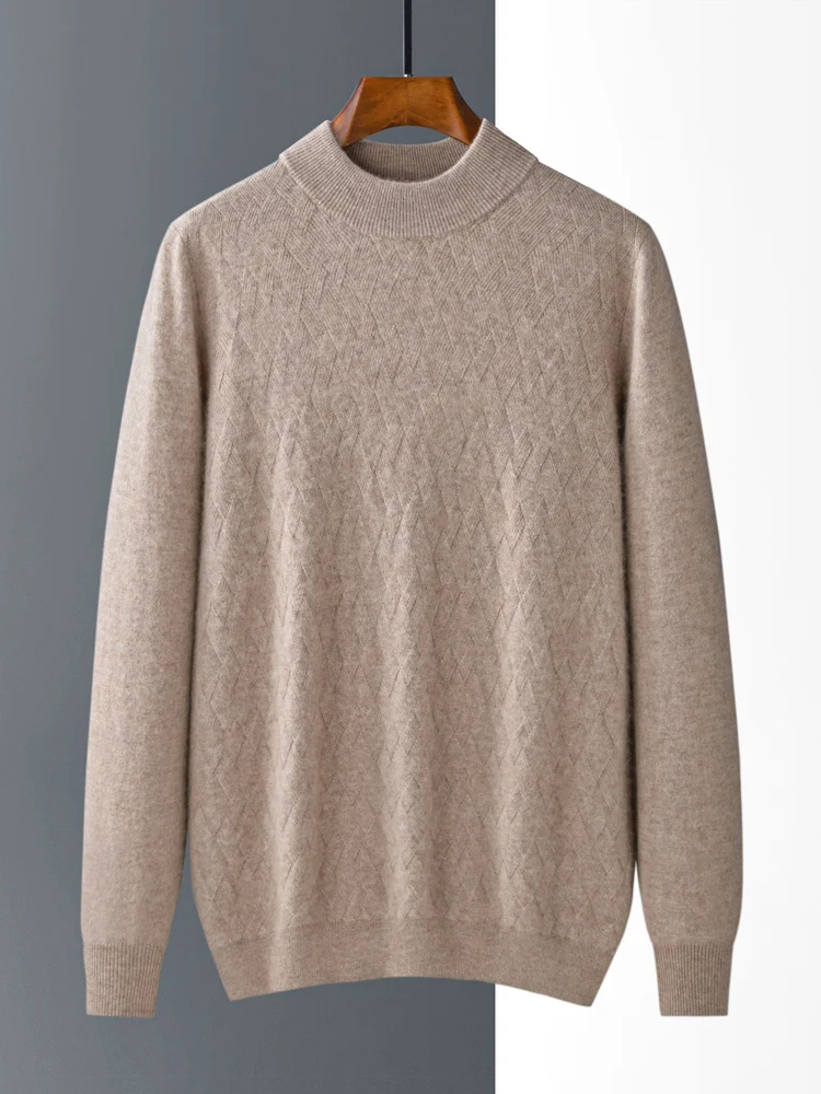 Fashion Men's 100% Pure Cashmere Sweater Semi-High Neck Knitted Pullovers Loose Warm Sweater Youth New Jacket Autumn Winter Tops