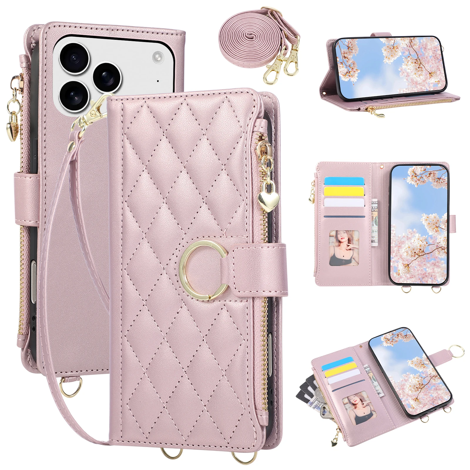Quilted Zipper Wallet Phone Case with Crossbody Strap and Card Holder