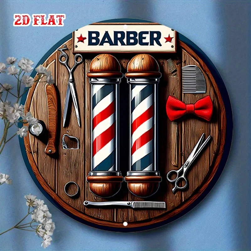 Ein 2D-Flachschild für Friseursalons – ein runder Holzschild – ein Rückgabe-Designstil für Häuser, Garagen, Restaurants und Cafés – Detail 9