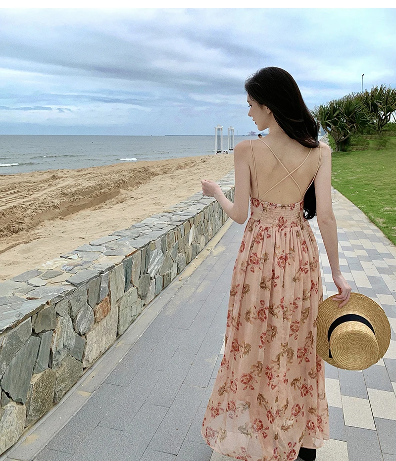 Summer New Spaghetti Strap Floral Long Dresses for Women Backless A-line Beach Style Korean Fashion Party Dress Casual Vestidos