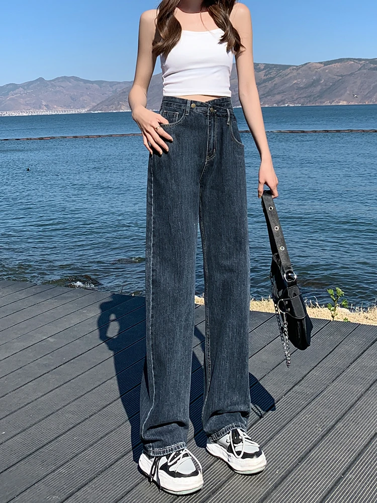 Yitimoky High Waist Woman Boyfriends Women's Jeans Full Length Mom Jeans 2022 Vintage Blue Denim Trousers Split Flare Pants blue jeans