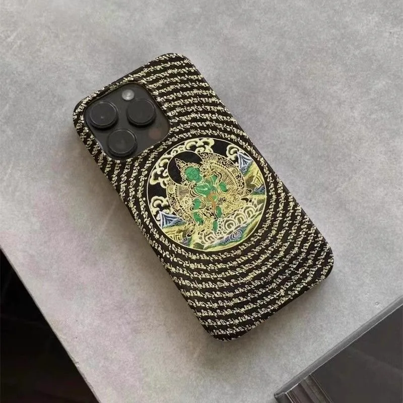 Tibetan Buddhist Cultural Green Tara Pattern Black Background Phone Case for iPhone 16 15 14 11 12 13 Pro Max Plus Back Cover 4