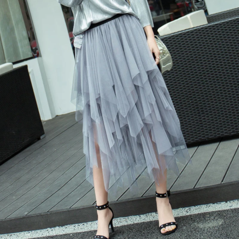 

Women Irregular Tulle Skirts Fashion Elastic High Waist Mesh Tutu Skirt Pleated Long Skirts Midi Skirt Saias Faldas Jupe Femmle