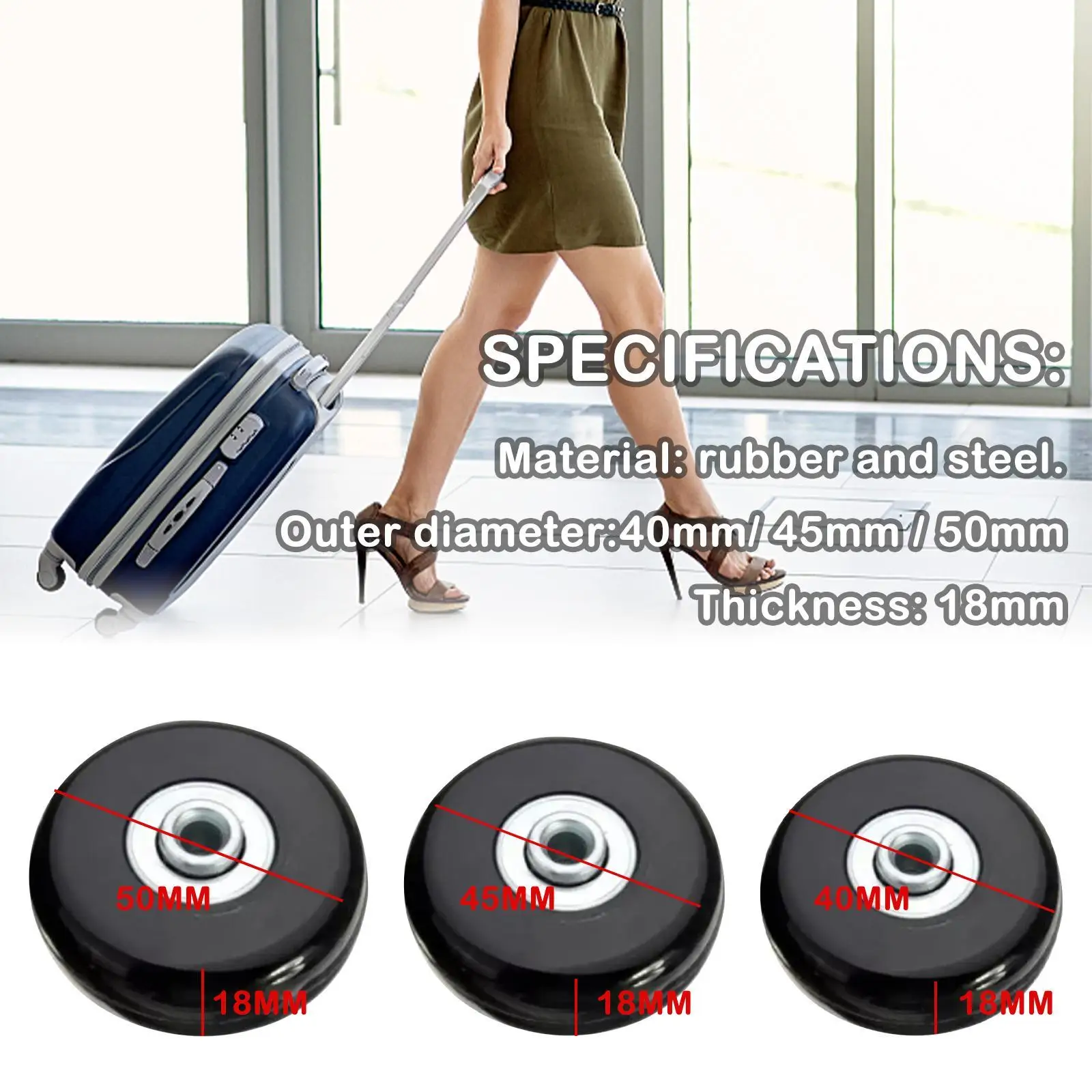 

4PCs Black Mute Luggage Suitcase Replacement Wheels Axles Repair Kit Dia. 40mm/45mm/50mm Inline Skate Wheels With Bearings