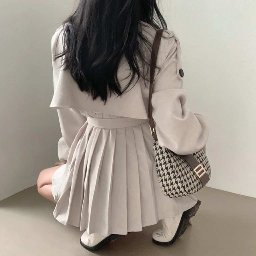 Gabardina elegante y plisada de estilo coreano para mujer, vestido con cinturón, cuello vuelto, doble botonadura, liso, para otoño