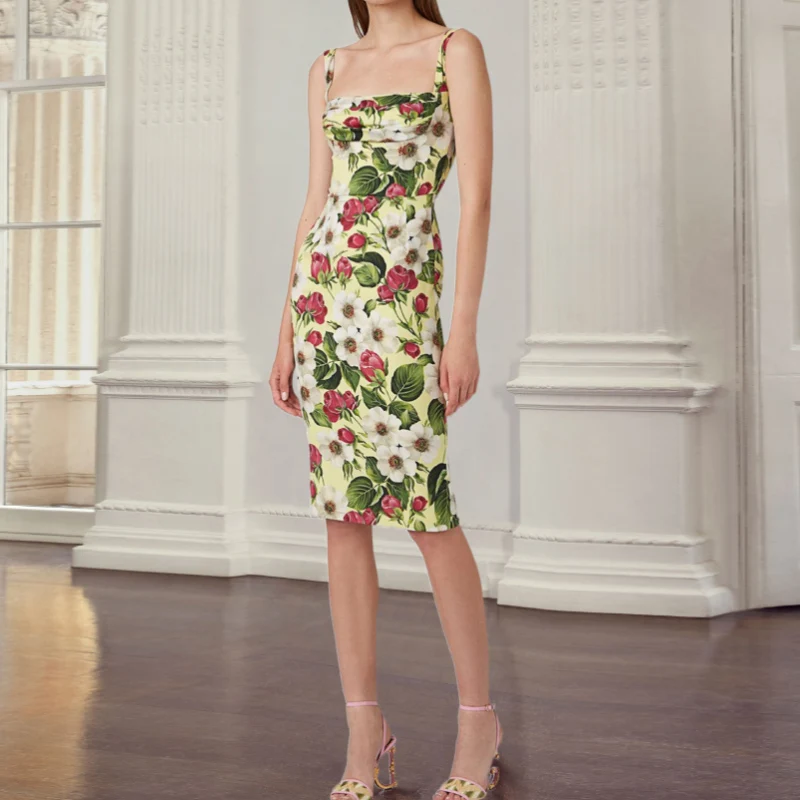 

Summer Y2k Clothes Women Sexy Green Floral Printed Spaghetti Strap Slim Summer Dress 2023 Runway Designer Vestidos Midi