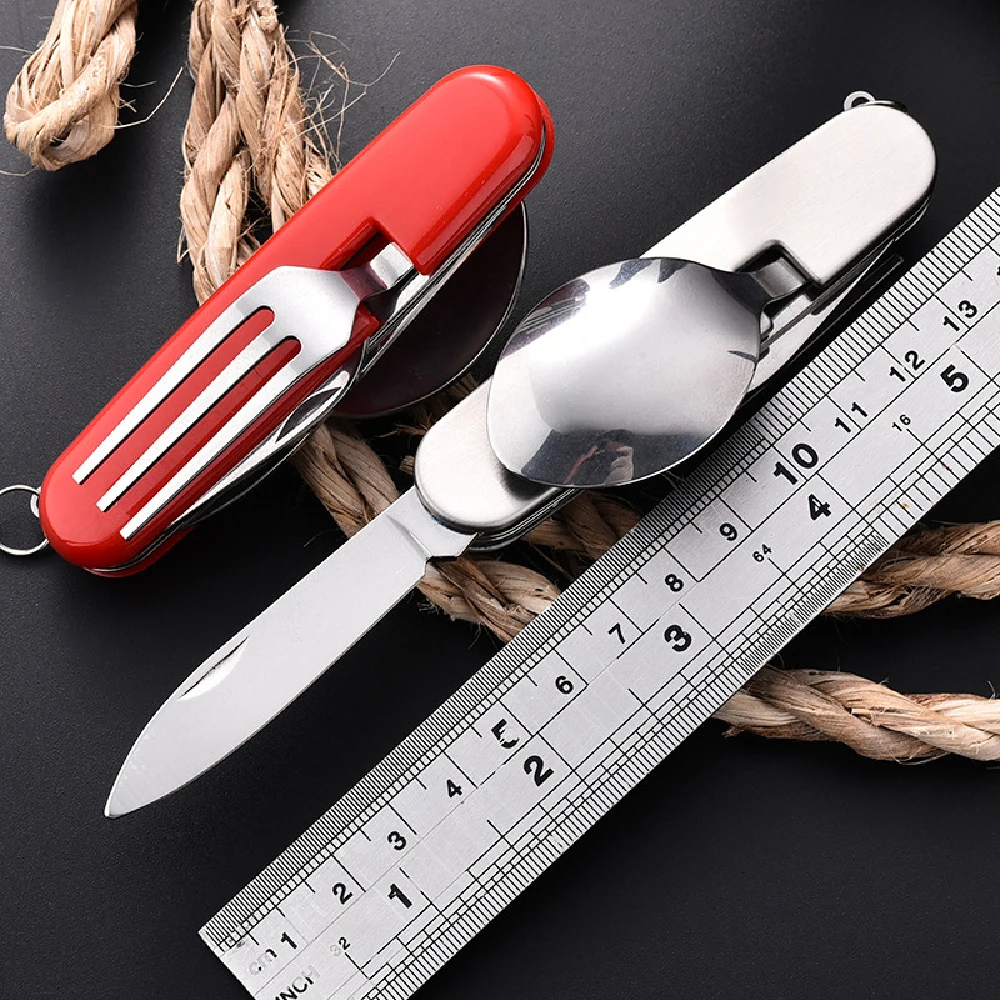 Foldable Camping Utensil 4 in Set Stainless Steel Fork,Knife,Spoon,Bottle Opener for Outdoor Meals, Camping,Backpacking,Hiking