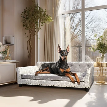 L XXL Large Dog Bed Sofa Dutch Velvet Upholstered Pet Lounge Chair Couch Bed Solid Wood Legs Detachable Pad Pet Supplies 1