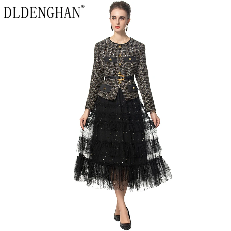 DLDENGHAN الخريف المرأة واحدة الصدر الزنانير منقوشة تويد سترة مرونة الخصر الكشكشة الترتر شبكة تنورة طويلة 2 قطعة مجموعة