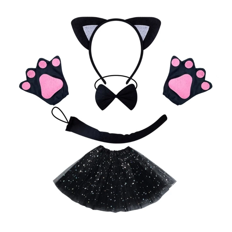 Set Costume Gatto | Fascia Orecchie Pompon | Guanti E Calzini A Righe Rosse | Cosplay Fai Da Te