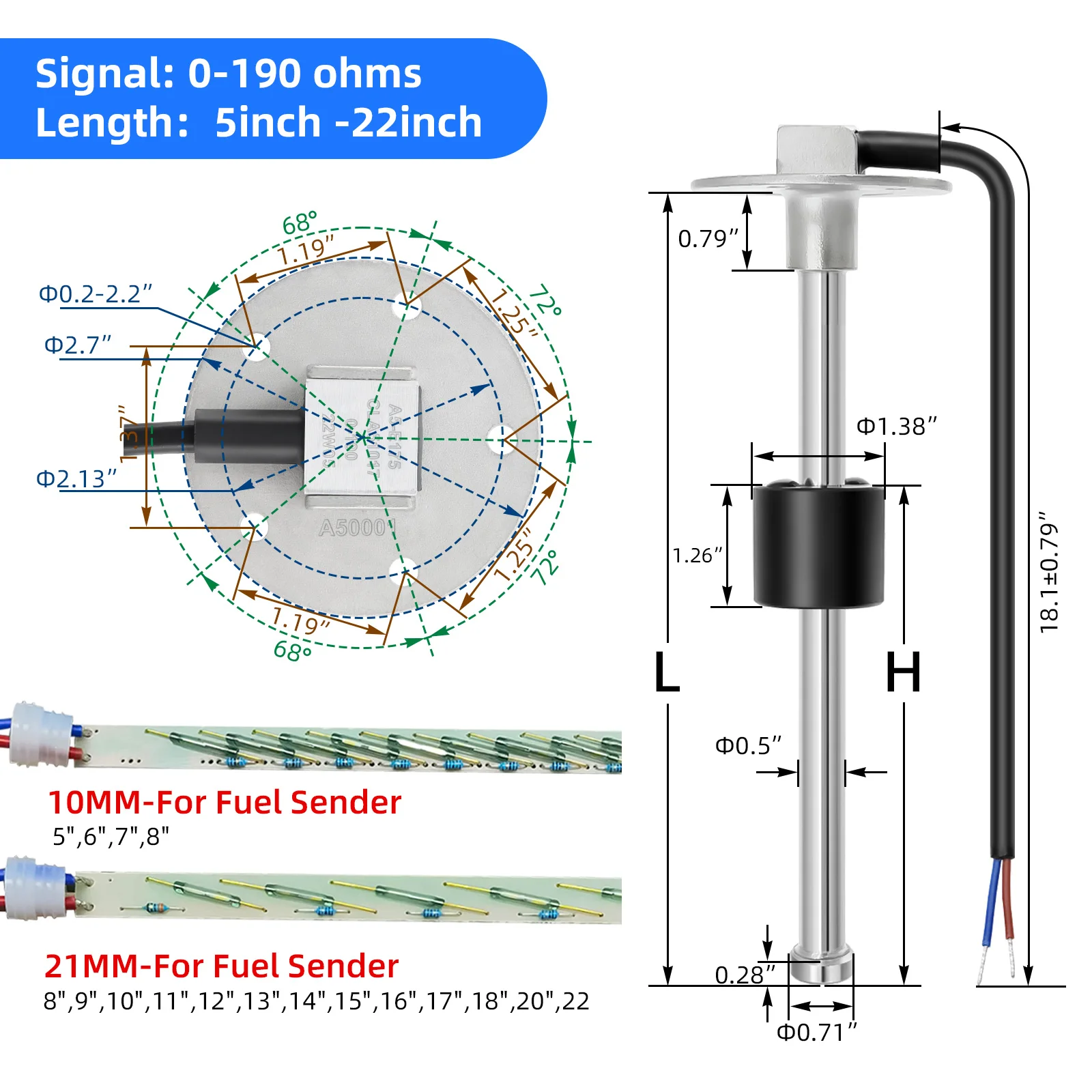 0-190 Ohm Brandstofniveausensor/Waterniveau Roestvrijstalen A5-sensor Voor Auto-Autoboot Watertankniveau Indicato Brandstofniveaumeter