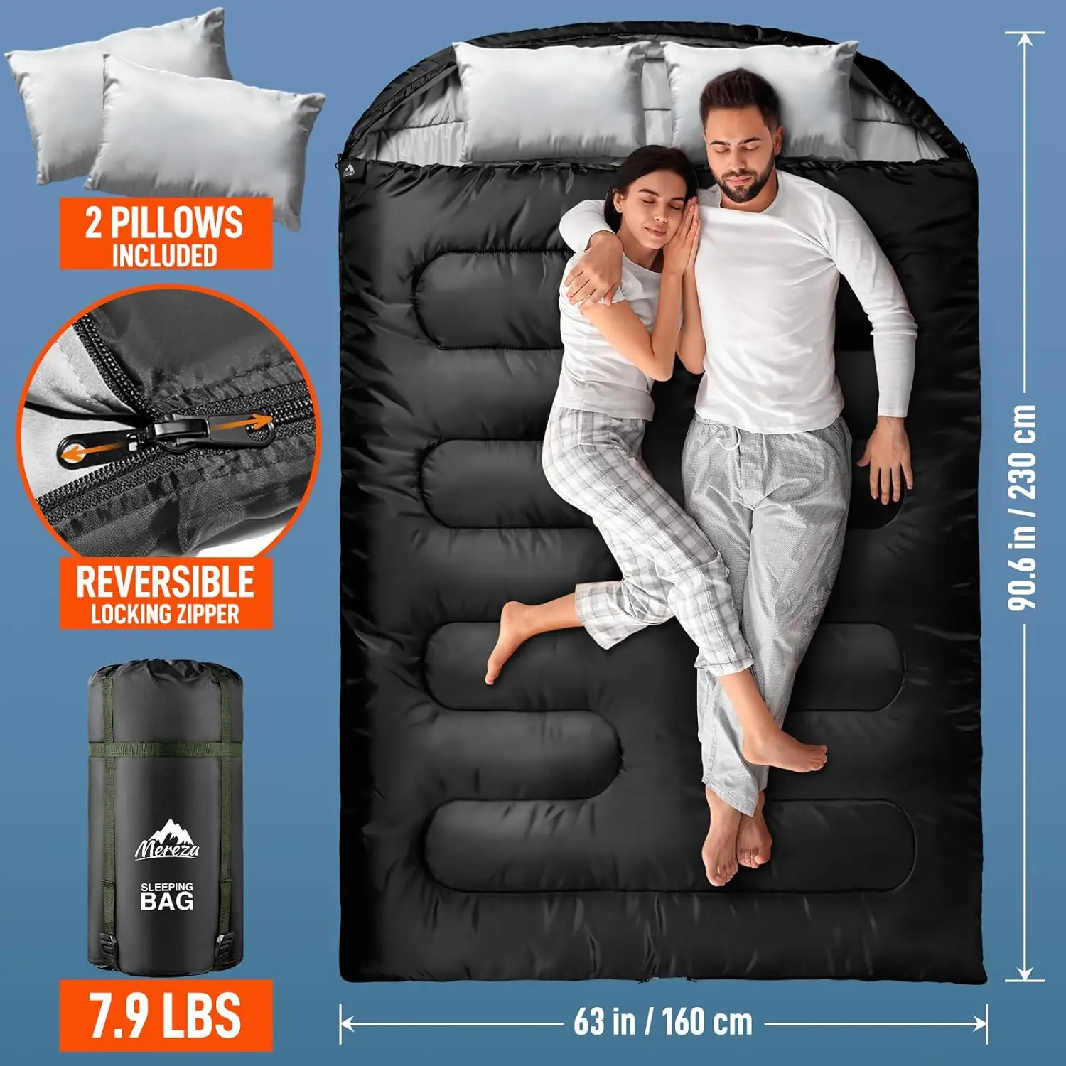 Double Sleeping Bag for Adults Mens with Pillow, XL Queen Size Two Person Sleeping Bag for All Season Camping Hiking Backpacking