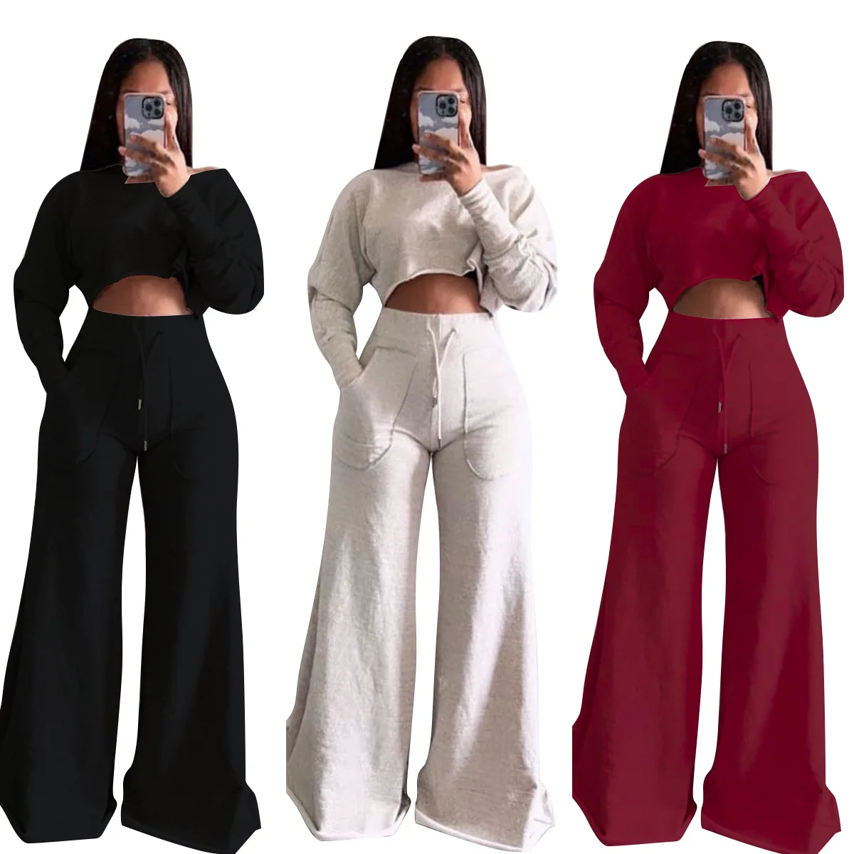 Women Long Sleeve Cropped Sweatshirt Sets
