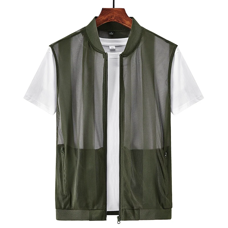 Summer Mens Mesh Fishing Vests Multi-pocket Outdoor Work Big Size Zipper Jacket Men Quick-drying Stripe Skin Clothes Hiking Vest